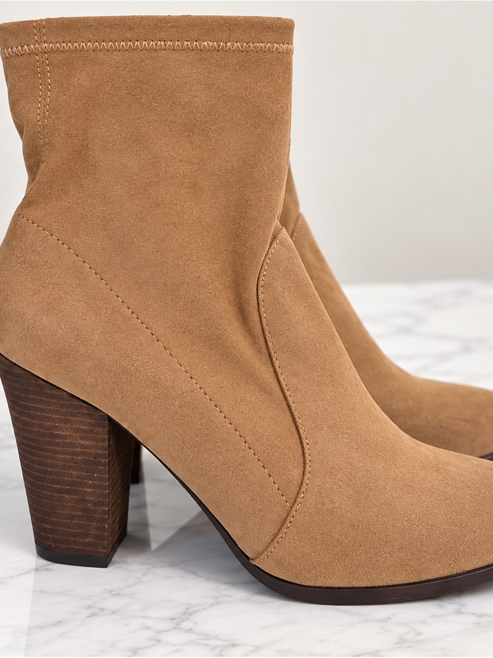 Women's Tan Suede Stacked Heel Ankle Boots